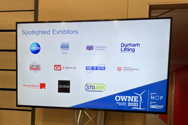 RMI being shown on the list of Offshore Wind North East spotlighted exhibitors on a screen.